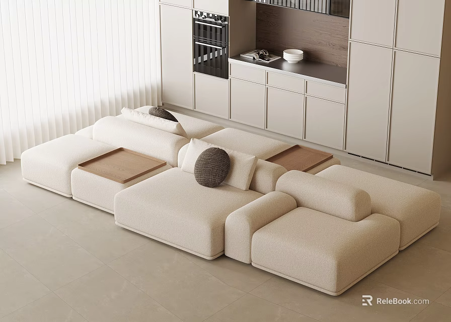 Modern Minimalist Cream Sectional Sofa With Soft Fabric Accent Pillows And Wooden Trays 3d model 
