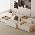 Modern Minimalist Cream Sectional Sofa With Soft Fabric Accent Pillows And Wooden Trays