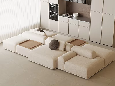 Modern Minimalist Cream Sectional Sofa With Soft Fabric Accent Pillows And Wooden Trays 3d model