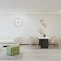 Modern Living And Dining Room Interior With White Walls Sofa Green Stool And Window Curtains