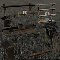 Wooden And Stone Craft Collection Featuring Boat Bench Shelves And Small Houses