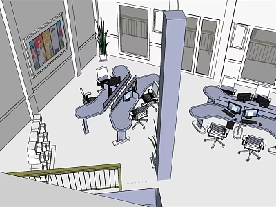 Modern Office Desk Layout With Multiple Workstations Computers Chairs And Potted Plants 3d model