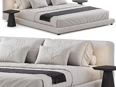 Modern Double Bed With Linen Fabric Plush Pillows Black Nightstand And Decorative Foot Strip 3d model