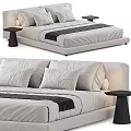 Modern Double Bed With Linen Fabric Plush Pillows Black Nightstand And Decorative Foot Strip