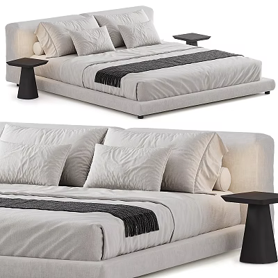 Modern Double Bed With Linen Fabric Plush Pillows Black Nightstand And Decorative Foot Strip 3d model