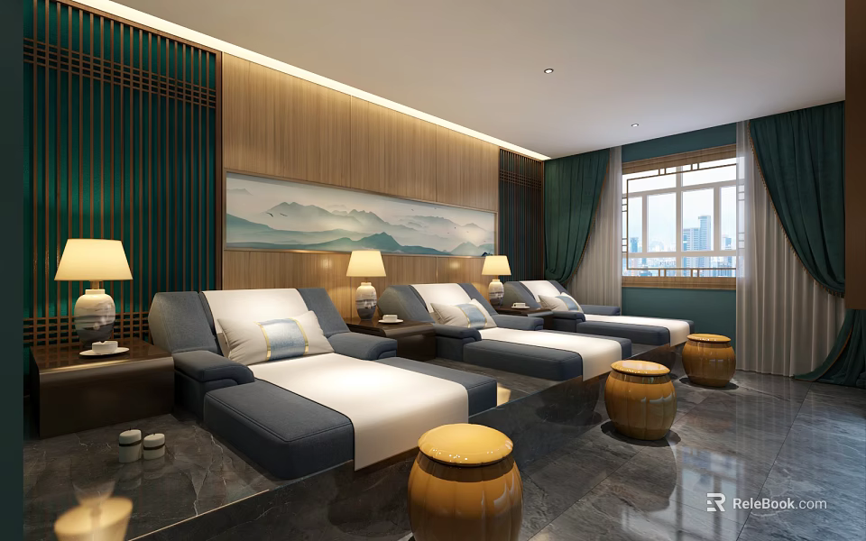 Chinese Style SPA Sauna Room with Wooden Loungers Landscape Painting and Green Curtains 3d model 