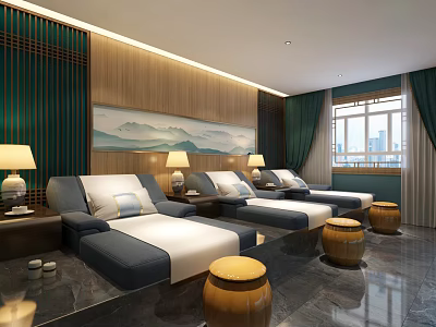Chinese Style SPA Sauna Room with Wooden Loungers Landscape Painting and Green Curtains 3d model