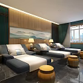 Chinese Style SPA Sauna Room with Wooden Loungers Landscape Painting and Green Curtains