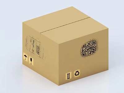 Brown Cardboard Shipping Box With Barcode QR Code Recycling Symbol And Upward Arrow 3d model