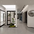 Modern Exhibition Hall Open Space Interior With White Reception Desk Green Plants And Teal Partition