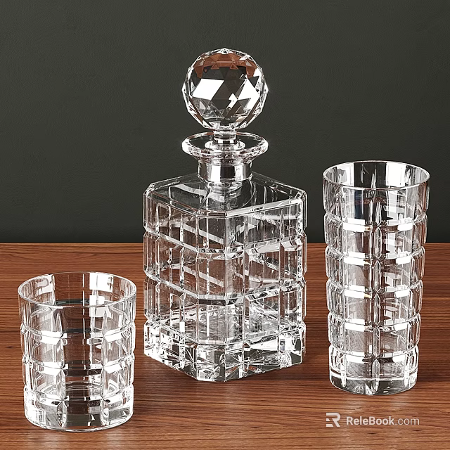 Clear Glass Tableware Set With Grid Pattern Design Decanter And Glasses On Wooden Tabletop 3d model 
