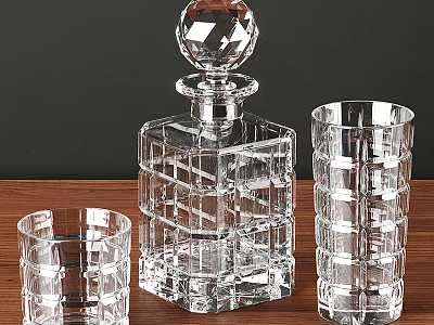 Clear Glass Tableware Set With Grid Pattern Design Decanter And Glasses On Wooden Tabletop 3d model