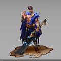 Heroic Warrior With Purple Hair Blue Cape Holding Lightning Sword And Mythical Beast