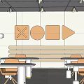 Book Art Interior Space With Wooden Bookshelves Decorative Shapes Tables And Yellow Chairs