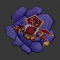 Mythical Horned Female Character In Red And Purple Armor Holding Flame Standing On Blue Platform