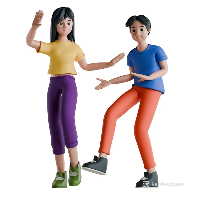 Man In Blue Shirt And Orange Pants Interacting With Woman In Yellow Top Purple Trousers 3d model 