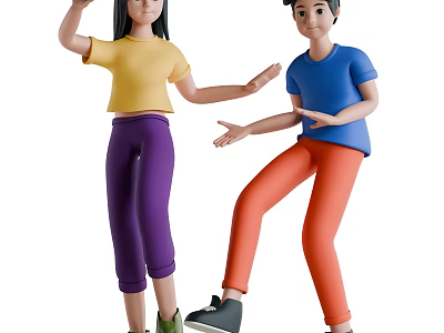 Man In Blue Shirt And Orange Pants Interacting With Woman In Yellow Top Purple Trousers 3d model