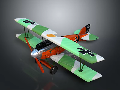 Vintage Aerospace Biplane Model Featuring Green White Orange Color And Black Cross Markings 3d model