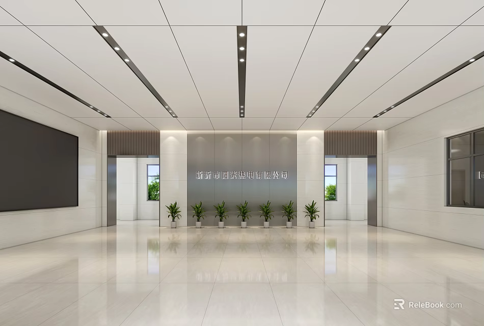 Modern Spacious Hotel Lobby With Bright Marble Floor Ceiling Light Strips And Green Plants 3d model 