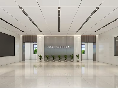 Modern Spacious Hotel Lobby With Bright Marble Floor Ceiling Light Strips And Green Plants 3d model