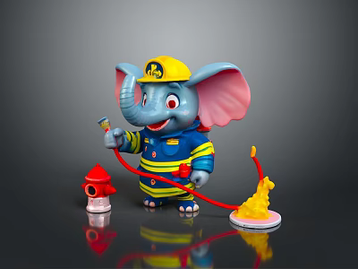 Game Movie Character Elephant Firefighter With Blue And Yellow Uniform Fire Helmet Hose And Hydrant 3d model