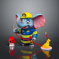 Game Movie Character Elephant Firefighter With Blue And Yellow Uniform Fire Helmet Hose And Hydrant