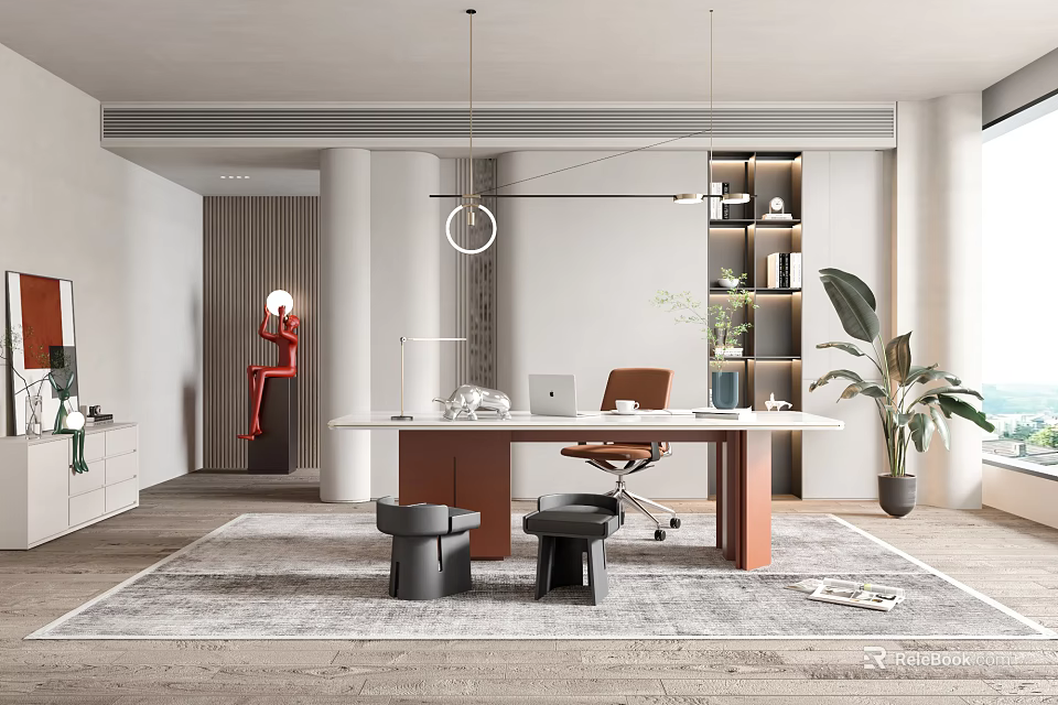 Modern Study Room Interior Design With Wooden Desk Laptop Office Chair Bookshelves And Pendant Light 3d model 