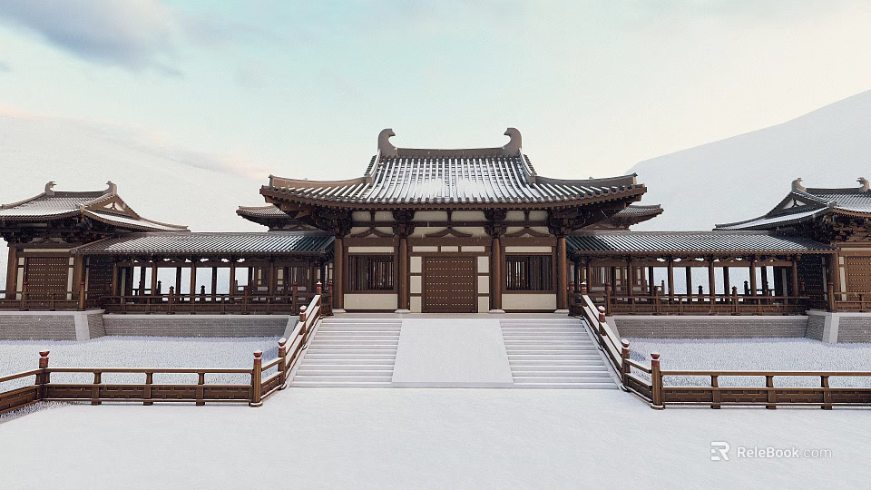 Traditional Ancient Architecture With Curved Roof Eaves Stone Steps And Wooden Railings 3d model 