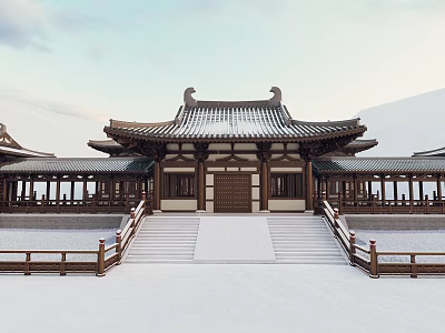 Traditional Ancient Architecture With Curved Roof Eaves Stone Steps And Wooden Railings 3d model