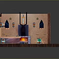 Indoor Scenery With Wooden Floors Arched Windows Purple Curtains Bar Counter And Green Tables