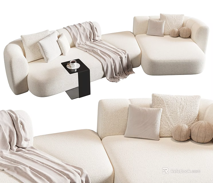 Modern Cream Sectional Sofa With Soft Fabric Decorative Pillows Throw Blanket And Side Table 3d model