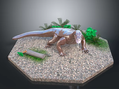 Realistic Lizard Decorative Figurine On Hexagonal Platform With Green Plants And Log 3d model