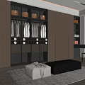 Modern Walk In Closet Interior With Wooden Cabinets Glass Doors Hanging Clothes And Leather Bench