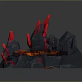Gray Stone Crater Structure With Orange Lava And Red Spiky Formations In 3d model