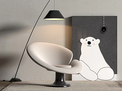 Modern White Lounge Chair With Floor Lamp And Polar Bear Painting Against Gray Wall 3d model