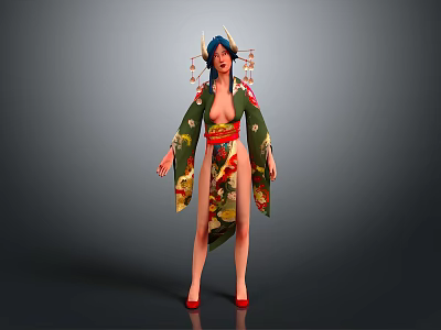 Traditional Geisha Kimono Costume With Floral Patterns Red Obi Belt And Ornamental Hairpieces 3d model