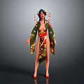 Traditional Geisha Kimono Costume With Floral Patterns Red Obi Belt And Ornamental Hairpieces