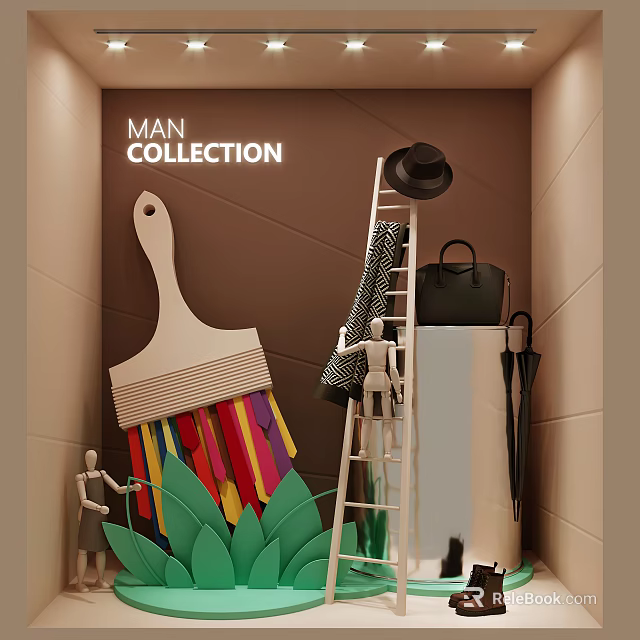 Men's Collection Shop Window Featuring Large Paintbrush Colorful Stripes Ladder Black Hat Bag Green Leaves 3d model 
