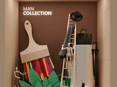 Men's Collection Shop Window Featuring Large Paintbrush Colorful Stripes Ladder Black Hat Bag Green Leaves 3d model