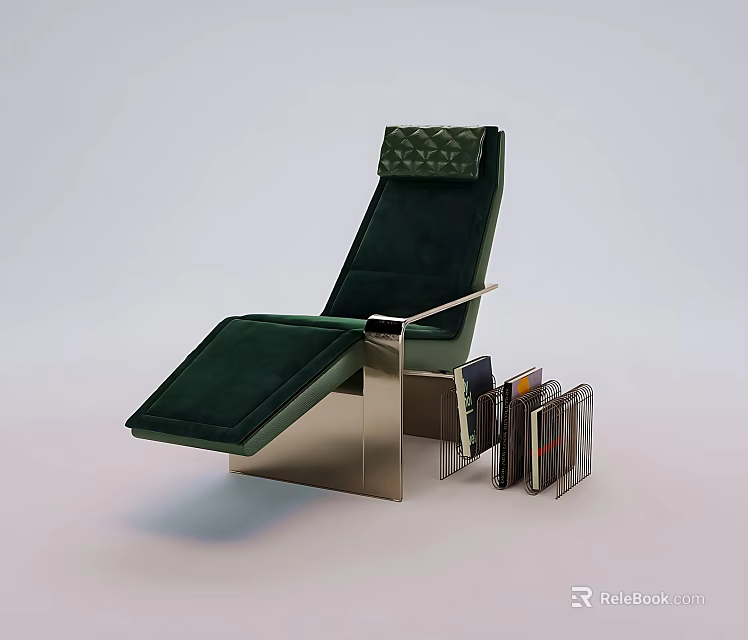 Green Velvet Chaise Lounge With Metal Frame And Side Book Rack Holding Books 3d model 