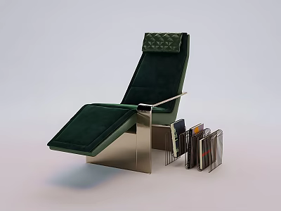 Green Velvet Chaise Lounge With Metal Frame And Side Book Rack Holding Books 3d model