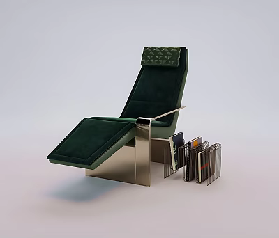 Green Velvet Chaise Lounge With Metal Frame And Side Book Rack Holding Books 3d model