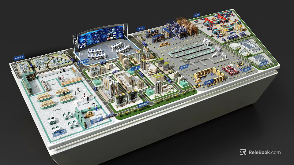 Aerial Planning Urban Development Model With Detailed Building Layout And Display Screens 3d model 