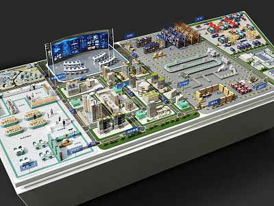 Aerial Planning Urban Development Model With Detailed Building Layout And Display Screens 3d model
