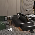 Modern Black Leather Sofa and Coffee Table Set With Green Accent Chairs and Floor Lamp