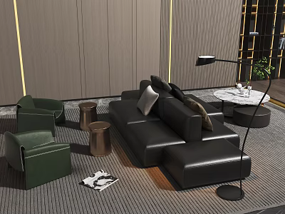 Modern Black Leather Sofa and Coffee Table Set With Green Accent Chairs and Floor Lamp 3d model