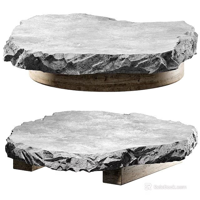 Natural Stone Coffee Table With Rustic Wooden Base And Textured Organic Edges 3d model 