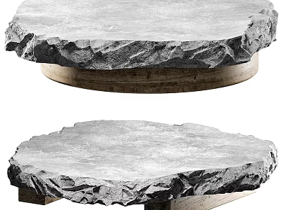 Natural Stone Coffee Table With Rustic Wooden Base And Textured Organic Edges 3d model