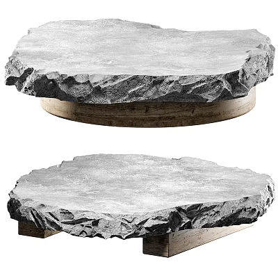 Natural Stone Coffee Table With Rustic Wooden Base And Textured Organic Edges 3d model