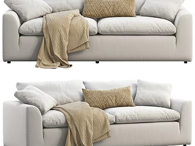 Off White Two Seater Sofa with Textured Brown Pillow and Beige Blanket Modern Cozy Design 3d model